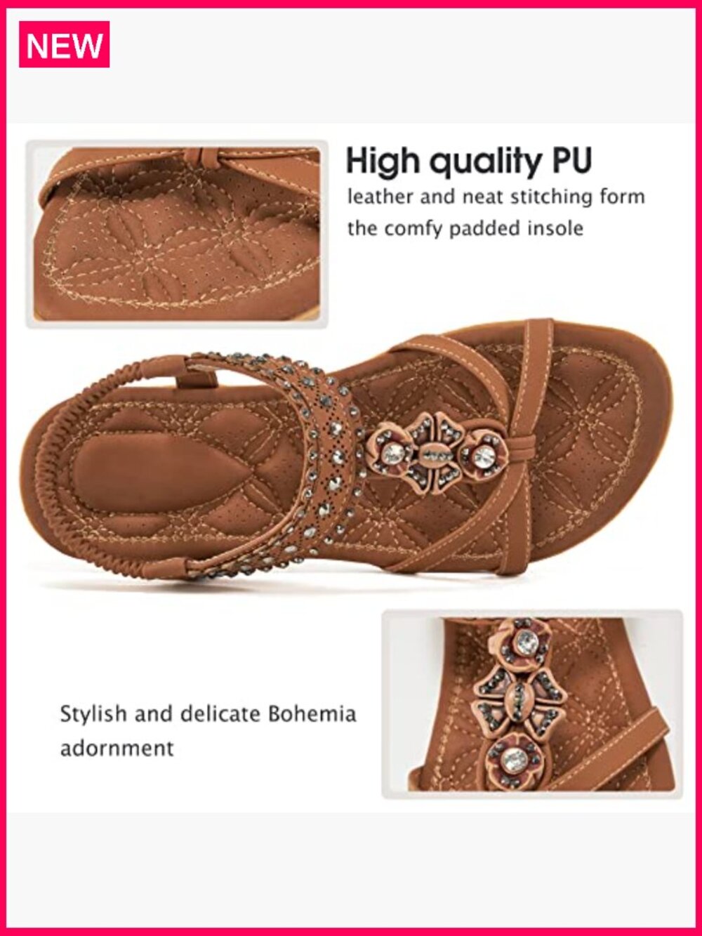 Leather Flat Sandals with Rhinestones, Slip-Resistant Rubber Sole, Elastic Band - Picture 4 of 7
